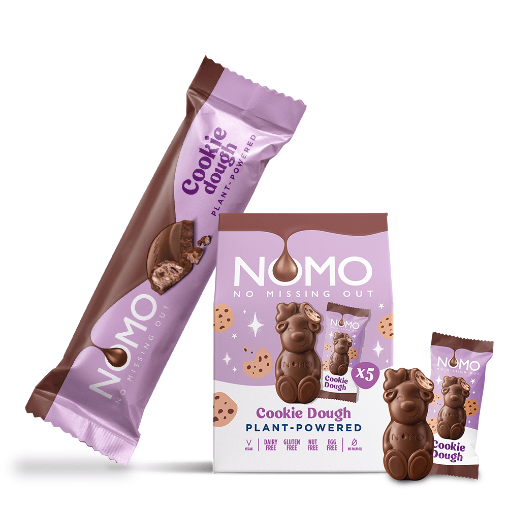 NOMO Cookie Dough plant-powered reindeer and Cookie Dough choc bar