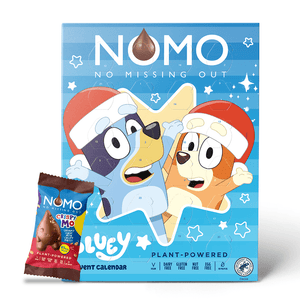NOMO Bluey Advent Calendar packaging shown with a NOMO Crispy Mo in front. The box features Bluey characters wearing Santa hats on a blue starry background. 