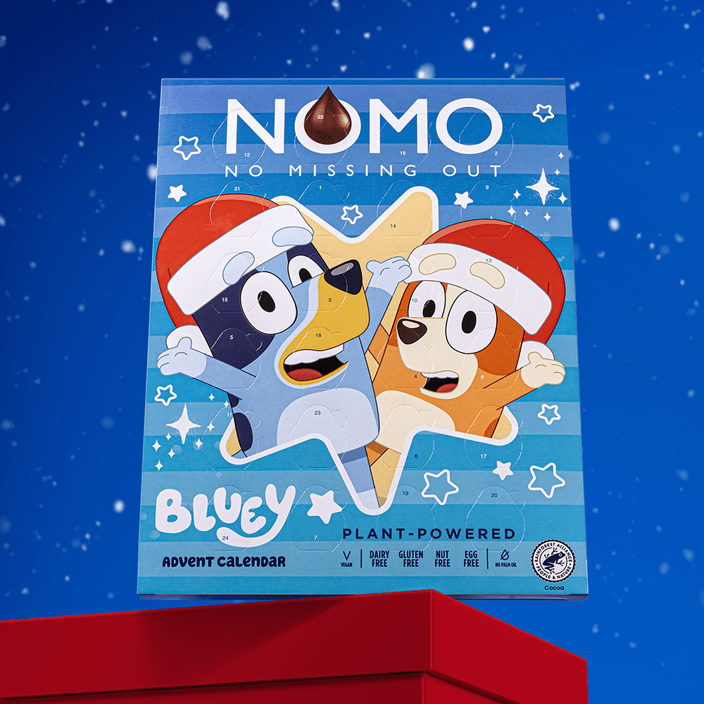 Nomo Bluey Christmas Advent Calendar box featuring Bluey and Bingo in Santa hats against a blue starry background, displayed on a red surface under a blue sky.