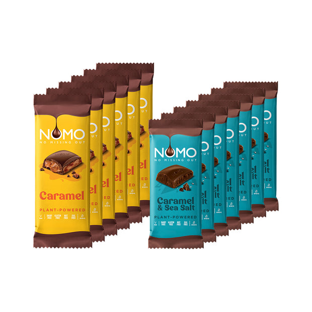 NOMO Caramel Filled Chocolate Bars/Caramel & Sea Salt Chocolate Large Bars Bundle